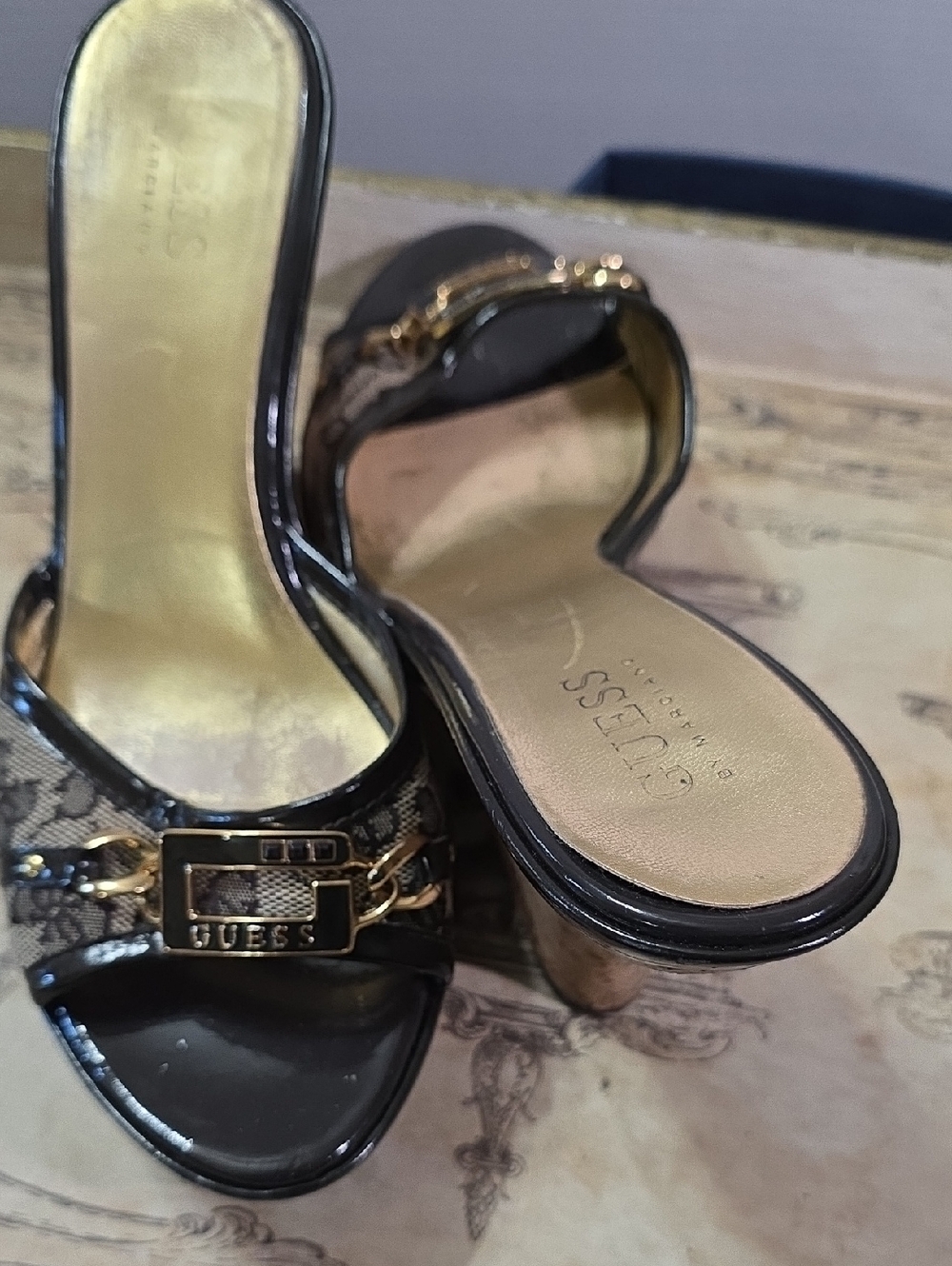 GUESS Brown Signature Pattern Cork Wedge Sandals with Gold Accent 8 - Picture 7 of 7
